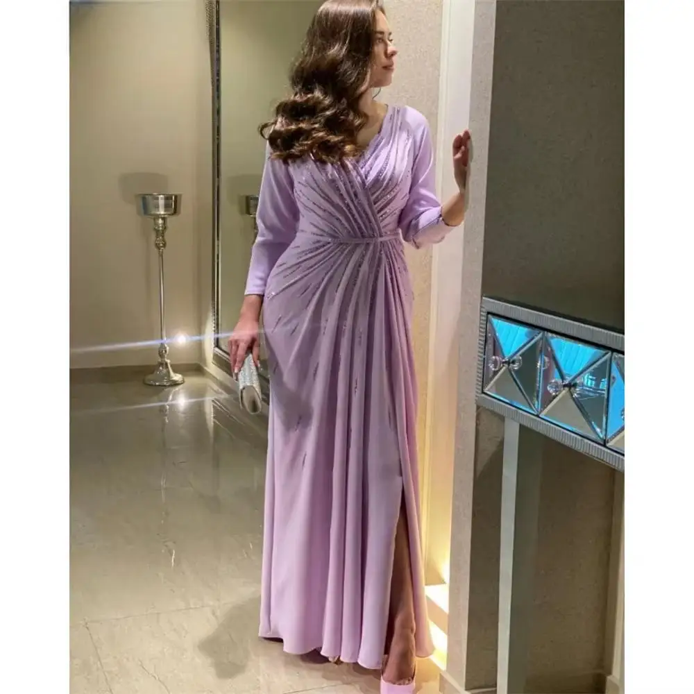 Vestido de noche morado con cuello en V, manga larga con cuentas, corte en A, largo hasta el suelo, plisado, vestido de fiesta de boda personalizado, 2025