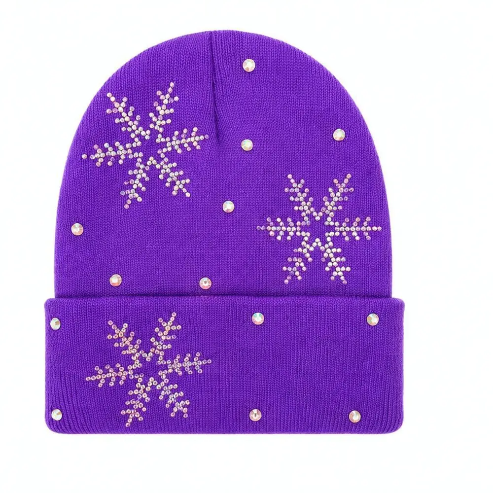 Women Winter Knitted Beanie Hat Snowflake Rhinestone Decor Warm Soft Stretchy Casual Outdoor Windproof Fashion Cap
