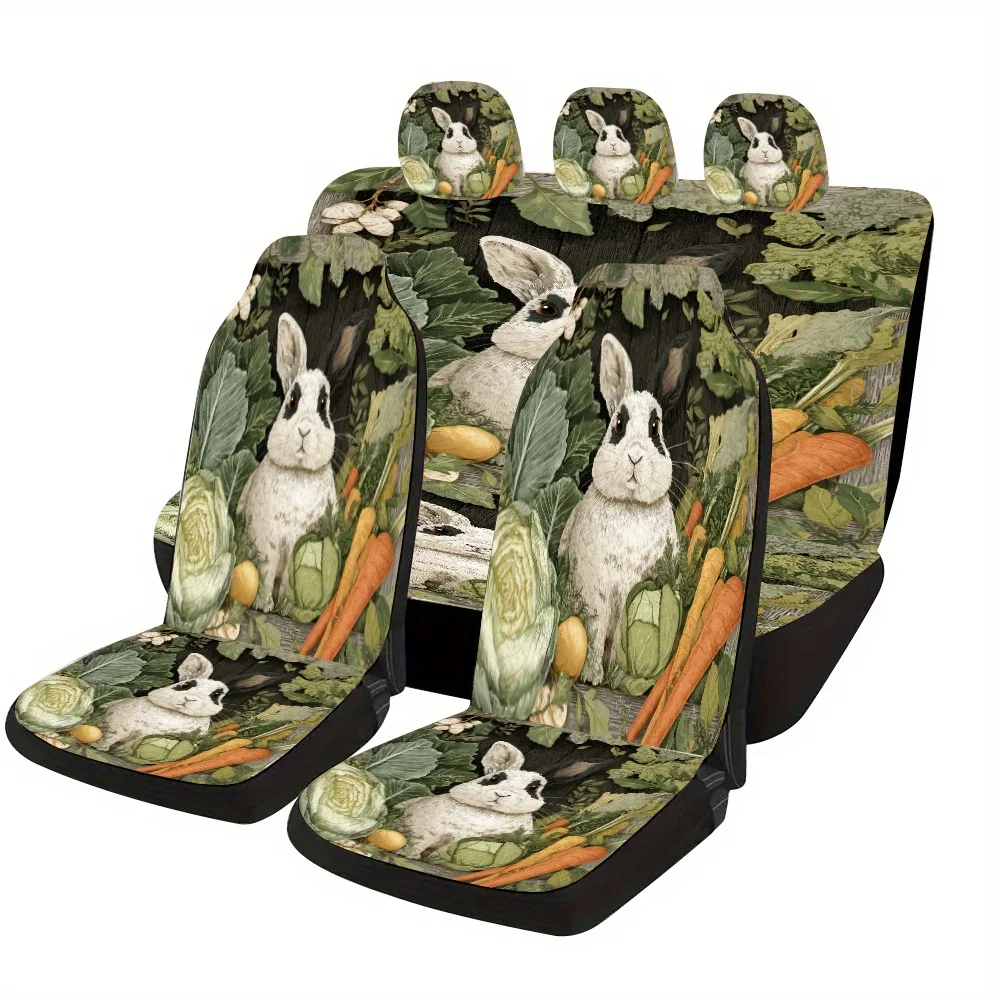 A Complete Set Of Black And White Rabbit Vegetable Harvest Themed Car Seat Covers, Suitable For Most Vehicles, Stylish And Uniqu