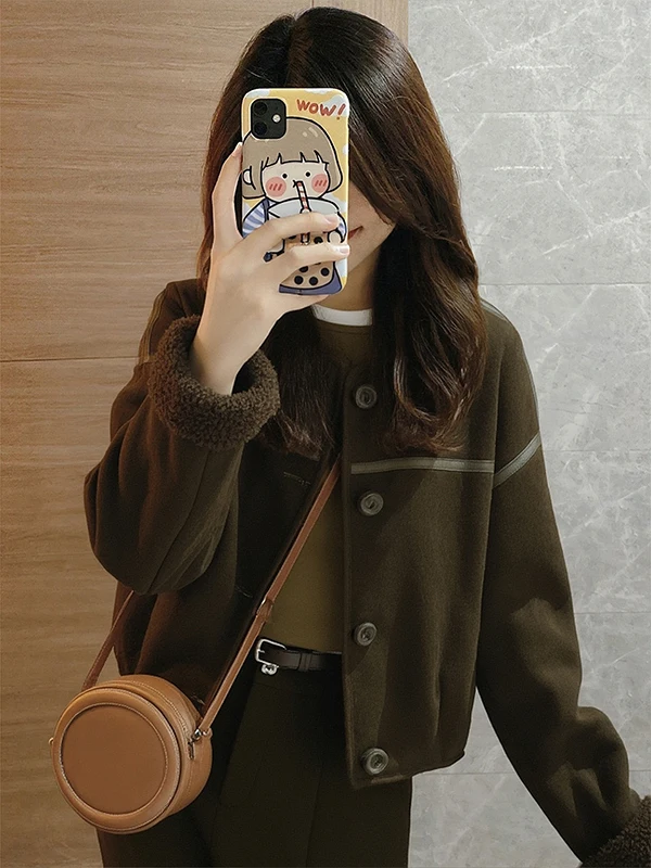 밀리터리 스웨이드 자켓 여성용 루즈핏 플리스 안감 코트 레트로 스타일 통근 패션 여성 프리미엄 의류