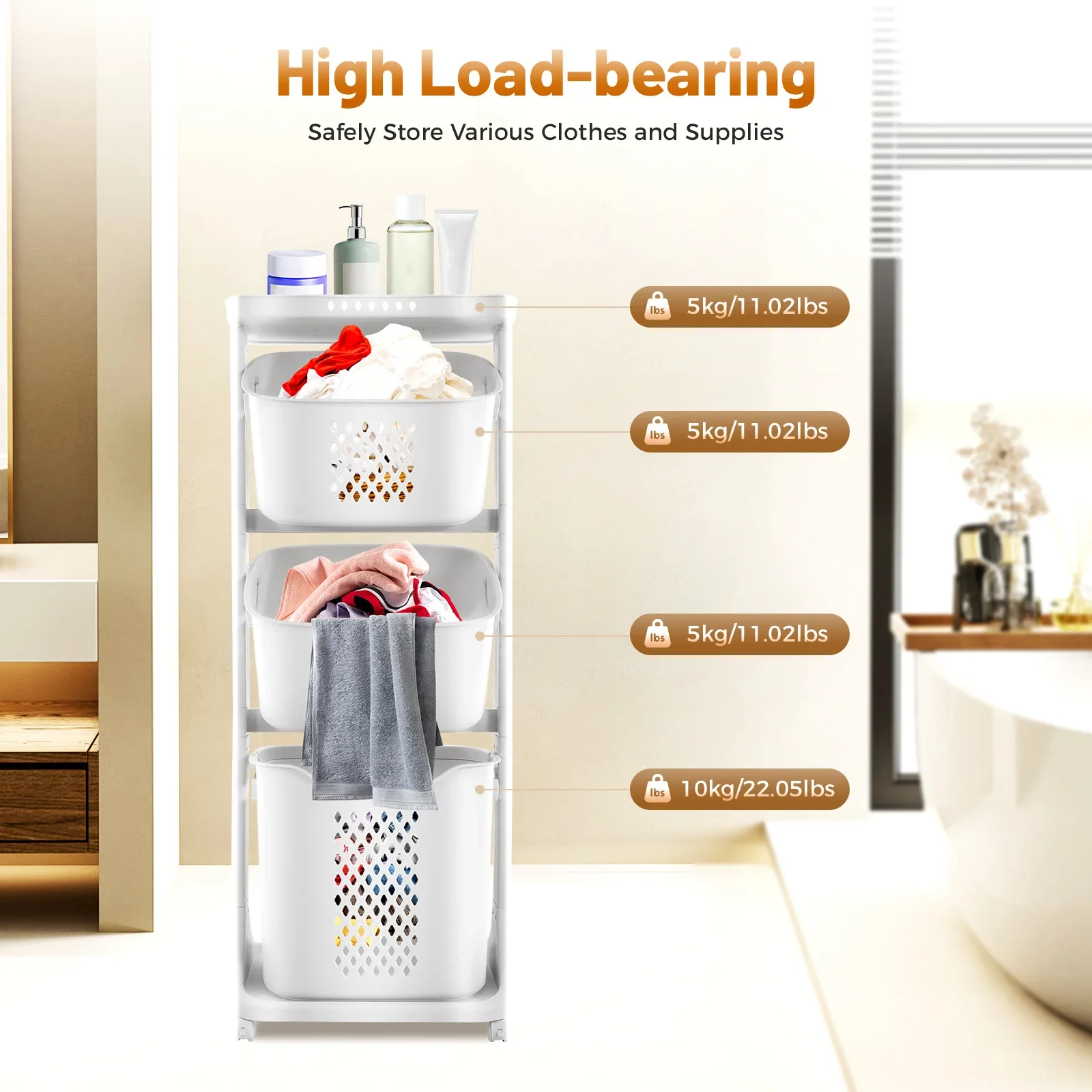 

3 Tier Laundry Basket, 360° Rolling Laundry Hamper, Dirty Clothes Sorter Organizer with 4 Wheels Load 25kg for Home Bathroom