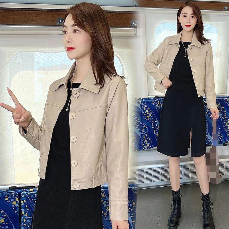 

New Creamy-white Leather Jacket Ladies Fashion Lapels Solid Color Single-Breasted Tops Spring and Autumn Loose Short Women Coat