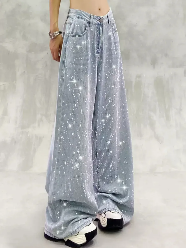 الرجعية الماس تصميم الجينز الساخن فتاة واسعة الساق عالية الخصر السراويل الطويلة الصيف أزياء جان كول لامعة حجر الراين ثنيات جينز غير رسمي #2