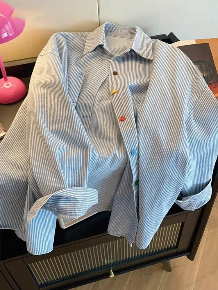 

Loose Fit Striped Long Sleeve Women's Shirt Spring 2026 New Style Korean Design Color Block Outerwear Top Collar Button up