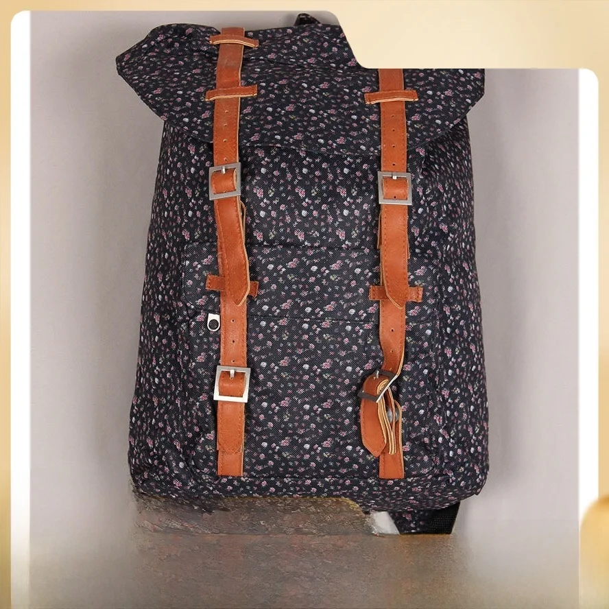 

Black Red Flower Oxford Cloth Backpack Casual Versatile Travel Canvas Women's Backpack Fashionable New Style Soft Foldable