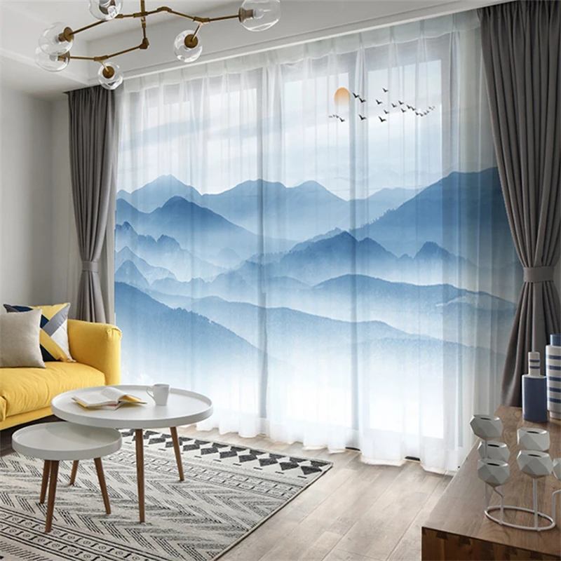 

Custom Chiffon Sheer Curtain Window Drape for Bedroom Living Room Mountain Hills Birds Sunrise Landscape