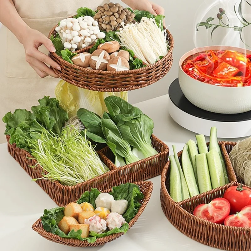 

Плетеная корзина из искусственного ротанга, боковое блюдо для горячего горшка, блюдо для барбекю, овощная сетка, тарелка, большая вместительная корзина для еды, принадлежности для ресторана