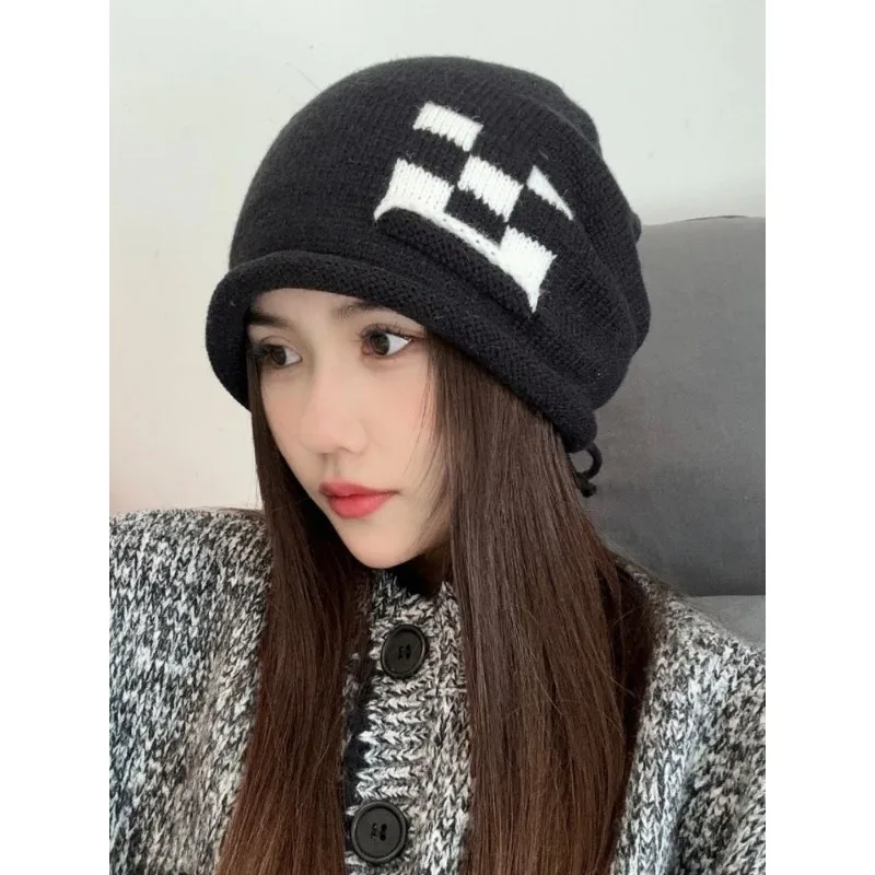 Popular Unisex Slouchy Winter Hats For Women Checked Edge Curl Soft Warm Beanie Cap Casual Skullies  Winter Knitted Hats Gift