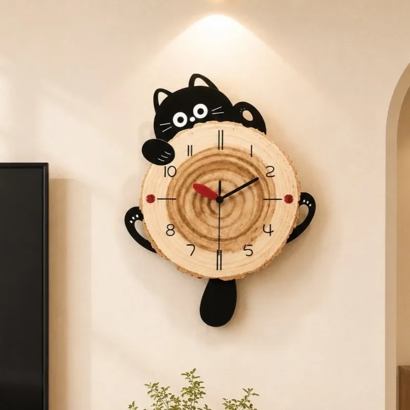 Modern Wall Clock Cute Black Cat Wood Grain Pendulum Clock Minimalist Interior Hanging Clocks Creative Home Decoration Watch