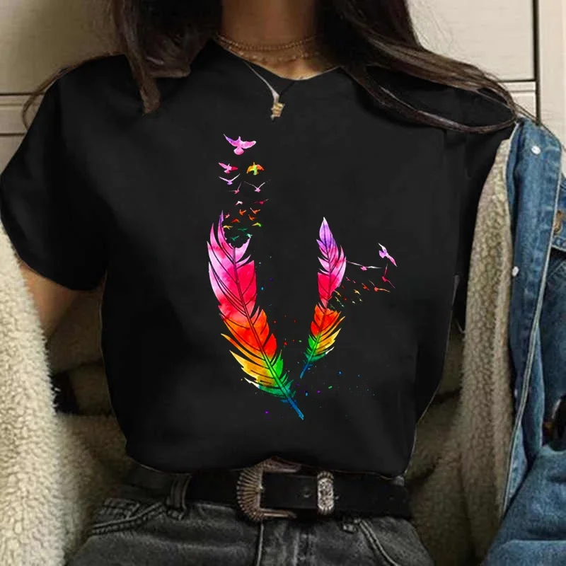 T-shirt femme aquarelle plume graphique imprimé T-shirt femmes à manches courtes T-shirt années 90 Streetwear femme vêtements hauts