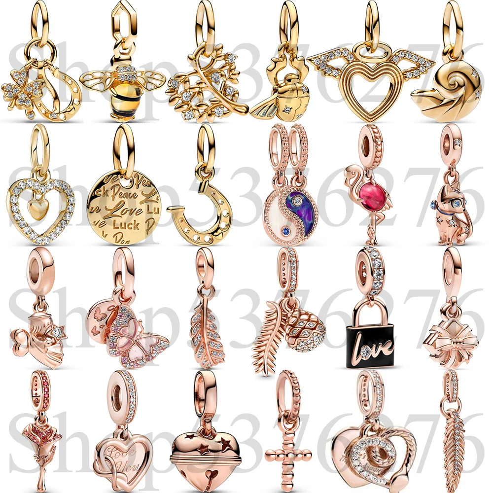 925 Sterling Silver Bead Clover Wishbone Horseshoe Angel Wings Dangle Charm Fit Fashion Women Bracelet Bangle Gift DIY Jewelry