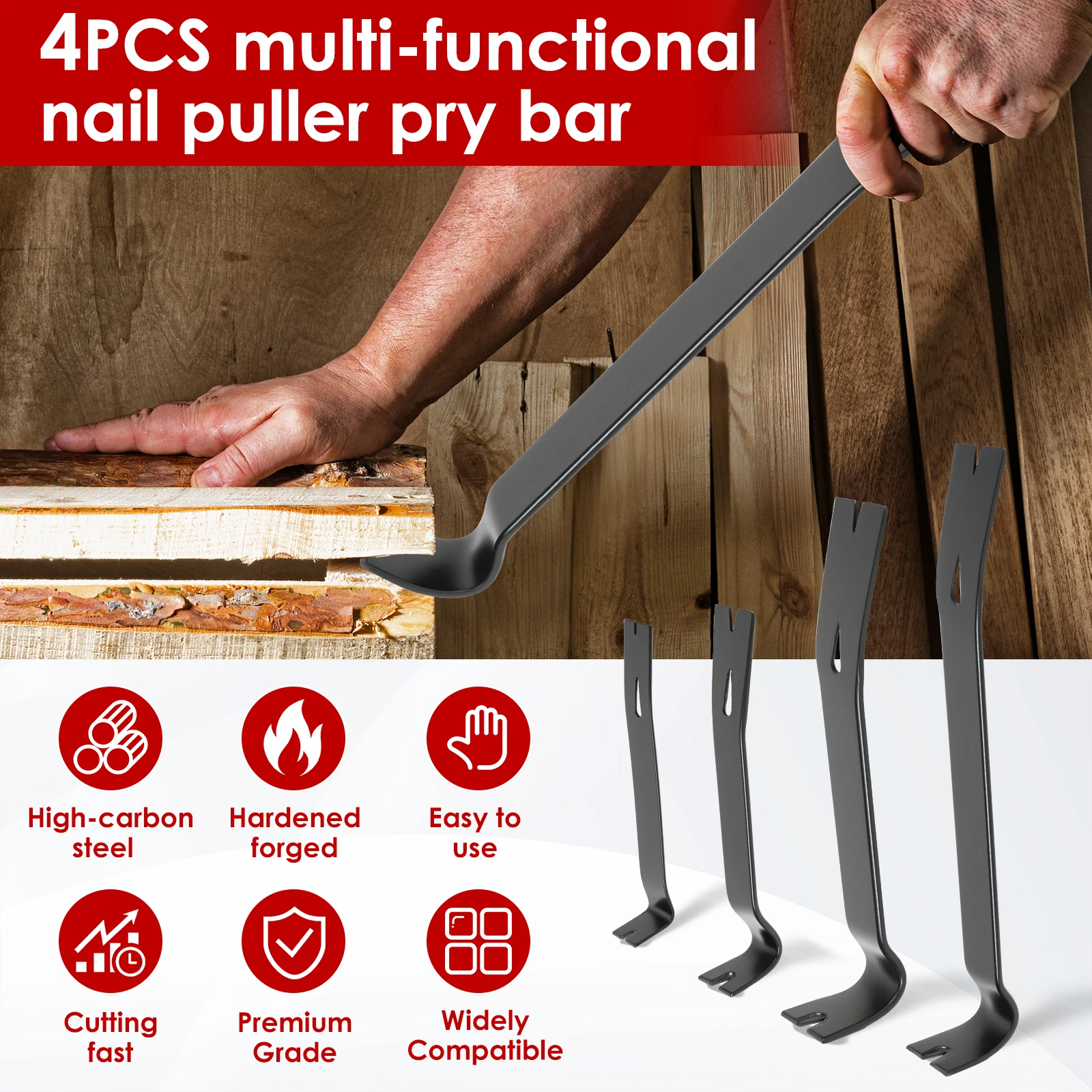 4Pcs Carbon Steel Pry Bar Nail Remover Set Heavy-duty and Mini Nail rRemover for Home Remolding Woodworking Pulling Hand Tool