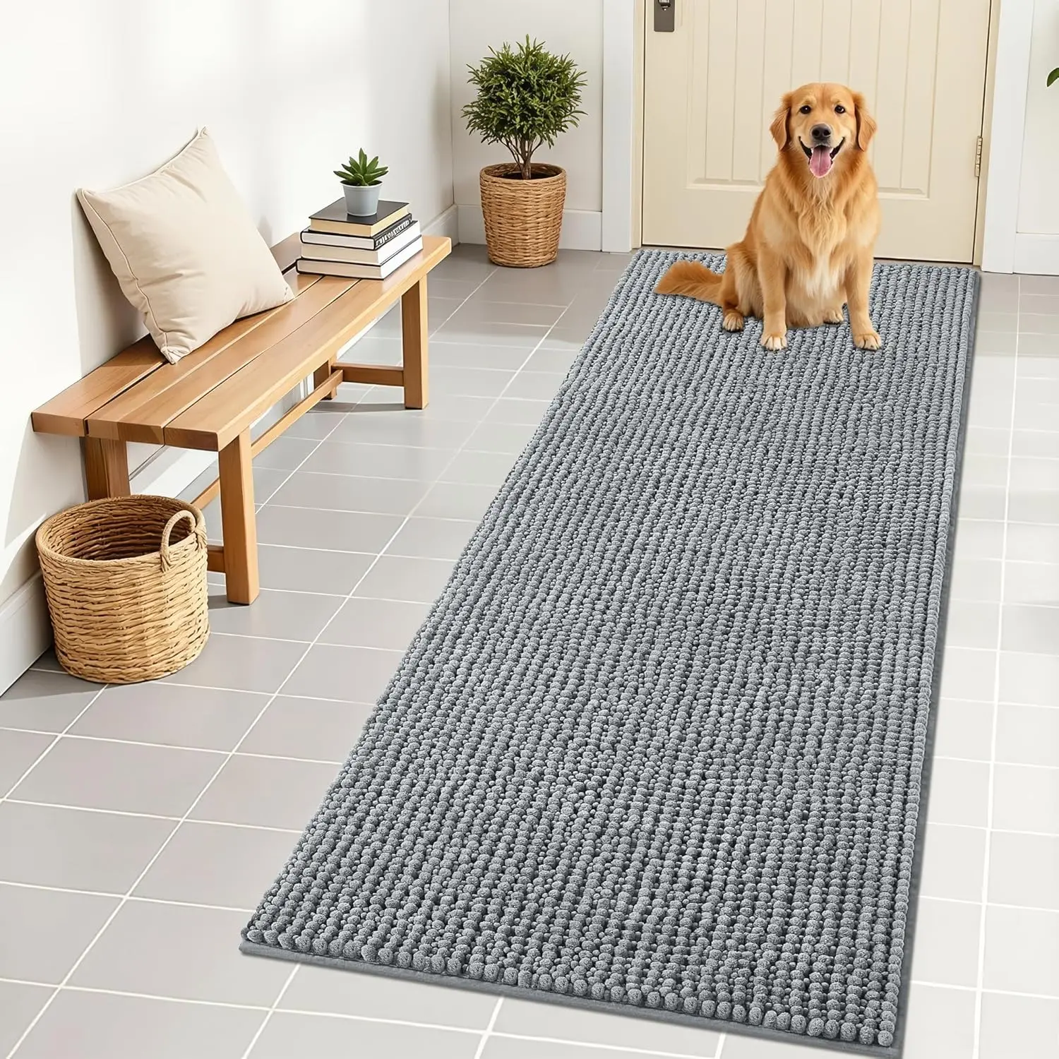 Ultra Absorbent Chenille Mud Doormat 70x24, Non-Slip Washable Pet Mat for Indoor Entryway, Quick-Dry Grey