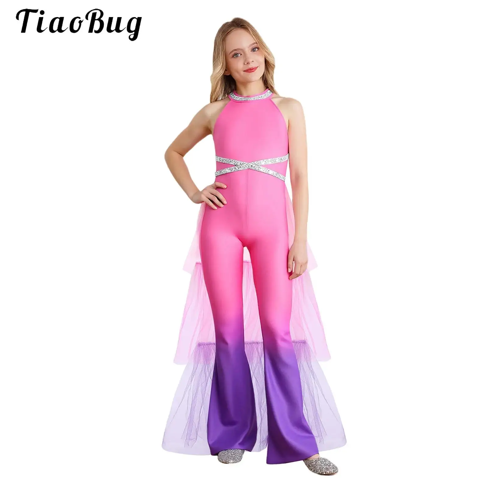 

Kids Girls Fancy Party Jumpsuit Hallowen Carnival Performance Bell-bottoms Sleeveless Rompers with Tulle Skirt One Piece Outfits