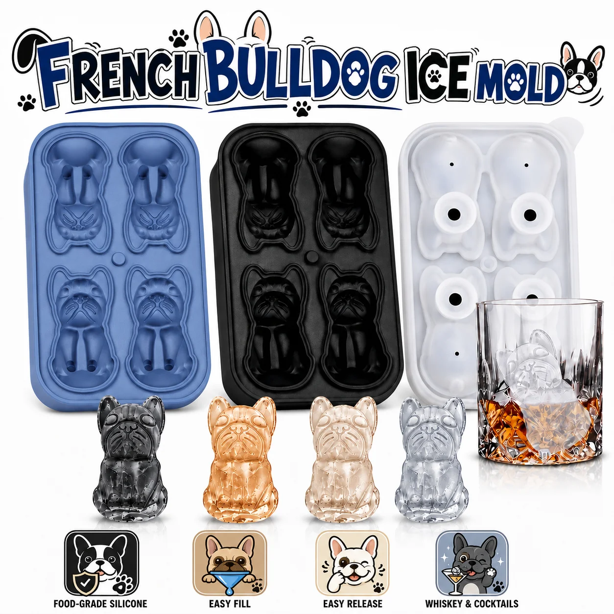 Eiswürfelform für französische Bulldoggen mit Trichter, 4-Loch-Silikon-Eiswürfelform für Whiskey, Cocktails, Bourbon, leicht zu entnehmende Eiswürfel