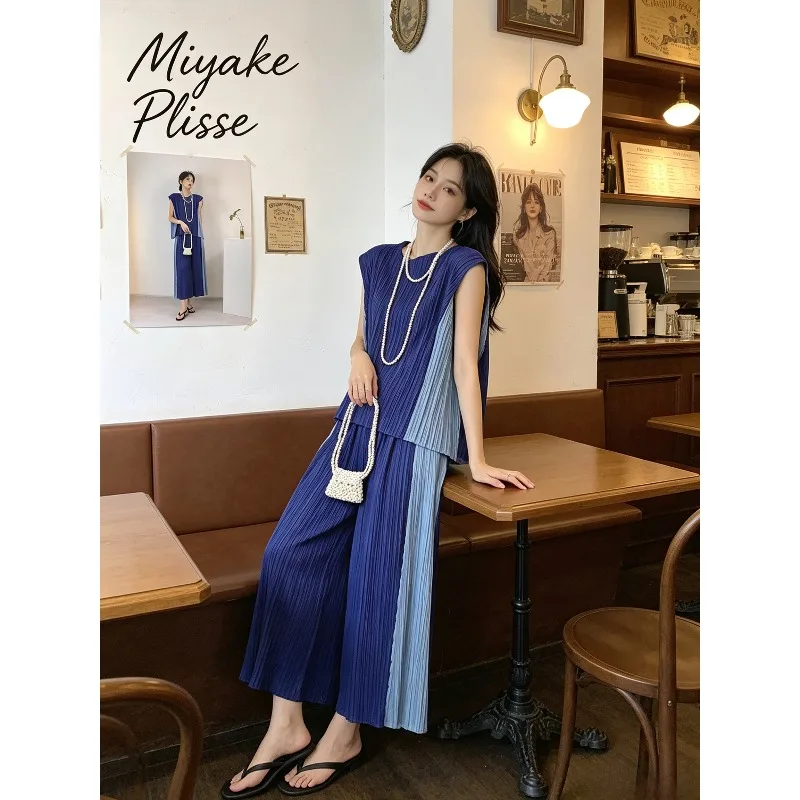 Miyake Pleated 2026 New Summer Original Women's Clothing Color-Block Textured Fashion Sleeveless Pleated Two-Piece Set for Women