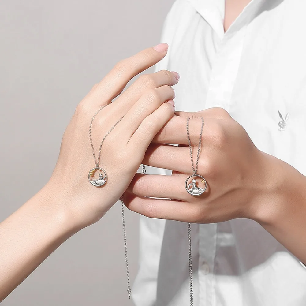 תכשיטים חמודים מפלדת אל-חלד עם טבעת מעגלית חורקת של הנסיך הקטן שועל כוכב שרשרת זוגית לנשים וגברים מתנות תכשיטים