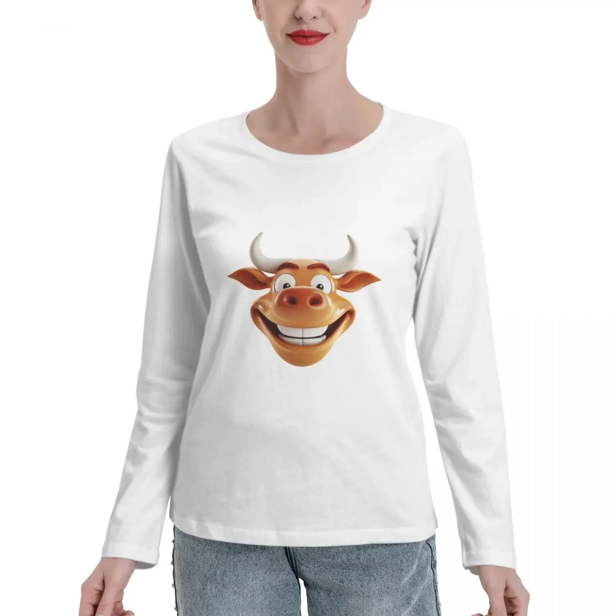 เสื้อยืดแขนยาวสำหรับผู้หญิงเสื้อยืดลำลองพิมพ์ลายนุ่มลายทางเท่ดีไซน์สัตว์เสื้อยืดคอกลมเด็กผู้หญิงผู้หญิงสีขาวน้ำหนักเบา