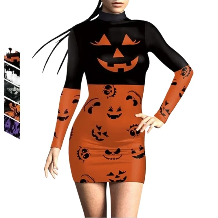 

Halloween Orange Pumpkin Bodycon Dress for Woman Pumpkin Face Pattern Cosplay Costume Stage Performance Party Outfit
