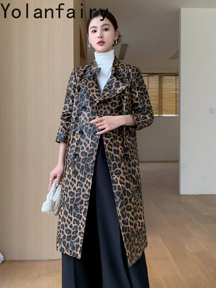 YOLANFAIRY Fashion Real Leather Jacket Women Leopard Print Genuine Sheepskin Leather Trench Coat Mid-length Slim Fit Overcoat