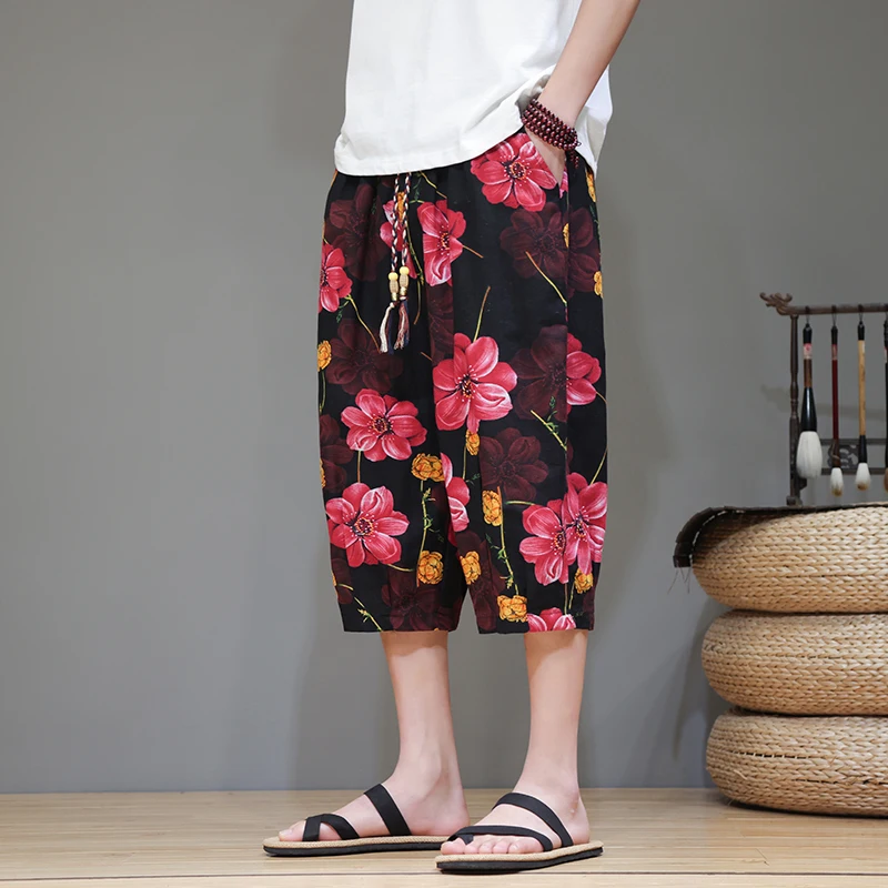 2025 Harajuku Summer Loose Calf Length Casual Pants Men Wide Leg Flower Print Baggy Pants Oversize Men Beach Trousers