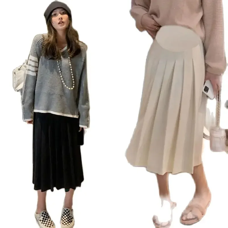 

Autumn and Winter Maternity Woolen Skirts Preppy Style Long Loose Pregnant Women Pleated Skirt High Waist Pregnancy Full Skirt