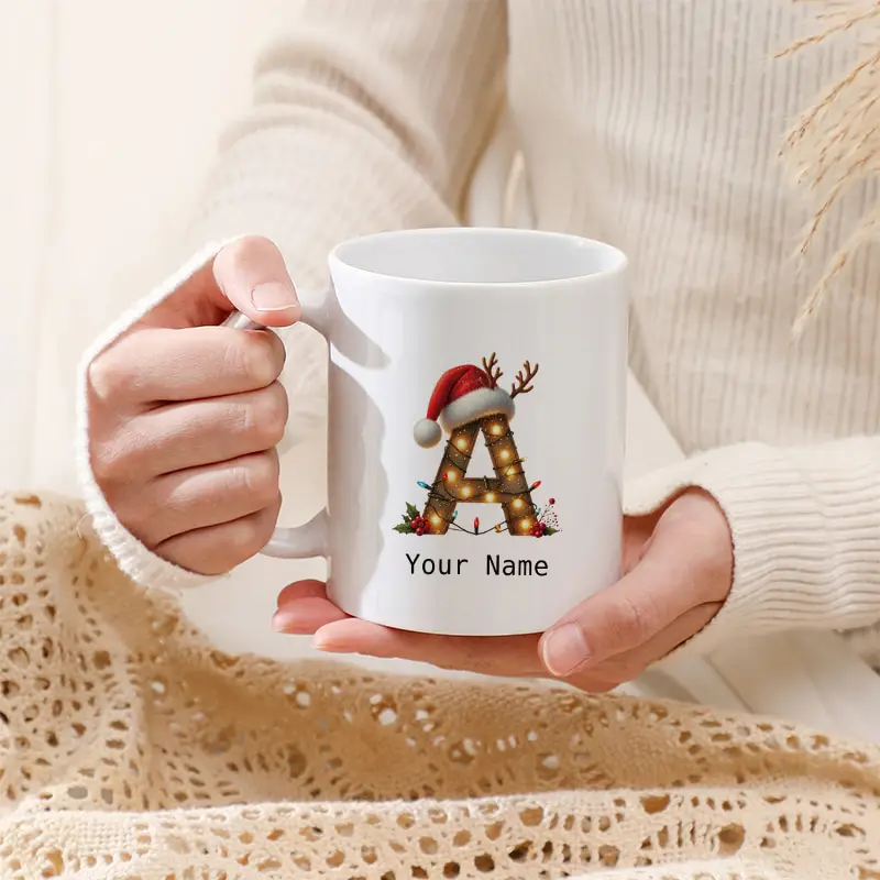 Custom Name Christmas Monogram Letter A -Z Mug Wooden Texture Antlers Santa Hat String Lights Ceramic Coffee Cup Holiday Gift