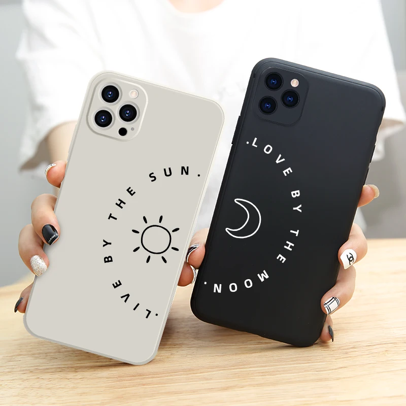 Simple Sun Moon Star Lovers Couple Phone Case for iPhone 13 14 12 11 Pro Max Mini XR X XS Max 7 8 Plus SE Paired Soft Cover Bags