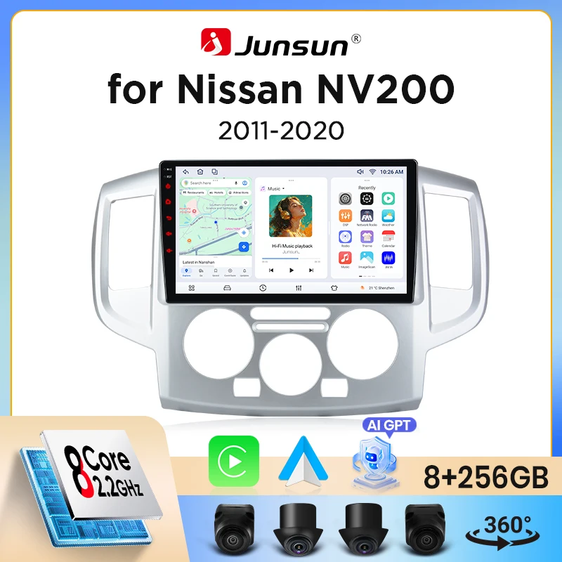 Junsun Wireless CarPlay Android Auto Autoradio für Nissan NV200 / Evalia (M20) 2009-2021 mit eingebautem Lüfter, Android GPS-Navigation, Multimedia-Player, WiFi, DSP, RDS, BT, SWC, IPS-Touchscreen,