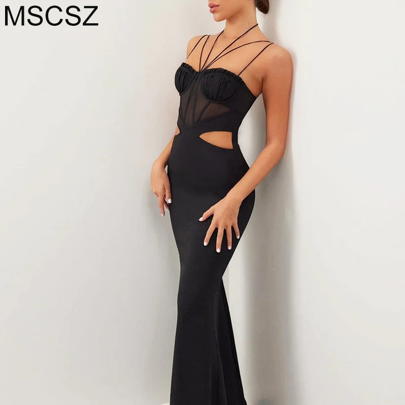 Spaghetti träger aus geschnitten langes Kleid elegantes Korsett Abend party kleid für Frauen rücken frei schiere figur betonte Maxi kleid schwarz