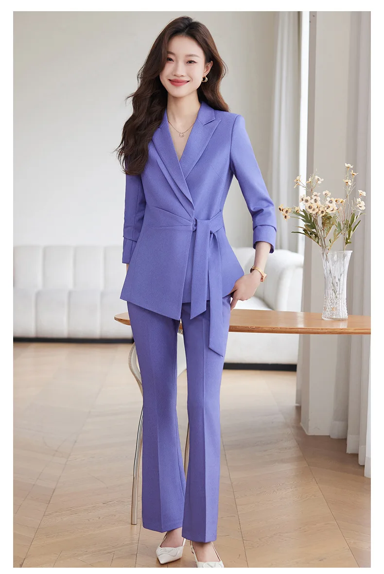 Women Suits Set With Belt 2024 Formal Office Lady Jacket+Pants Pink Black Cotton Blazer Trousers Spring Cotton Prom Dress