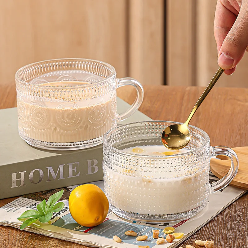 450ml Vintage Oat Cup with Bamboo Cover Spoon Coffee Cup Transparent Glass Handle Cup Embossed SUNFLOWER Breakfast Cup