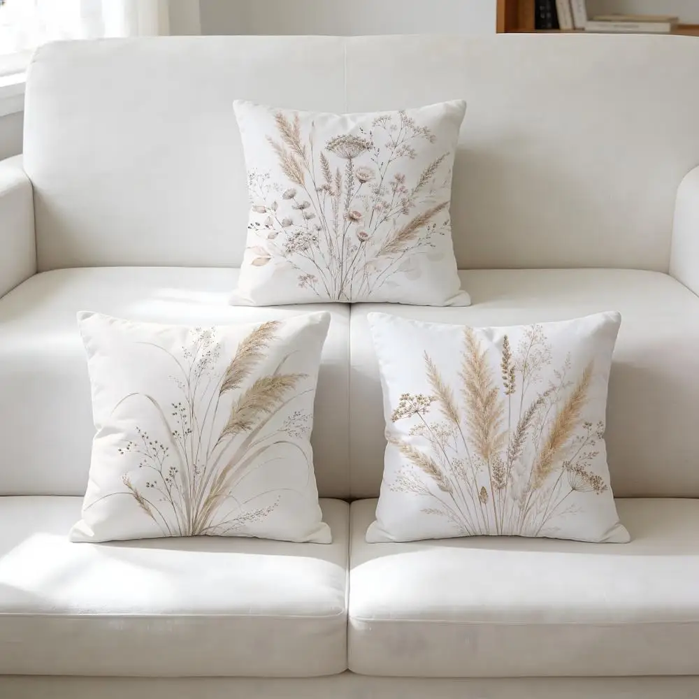 Boho Neutral Pressed Wildflower Cushion Cover Double-Sided Plush Sofa Cushion Covers Organic Breathable Invisible Zipper