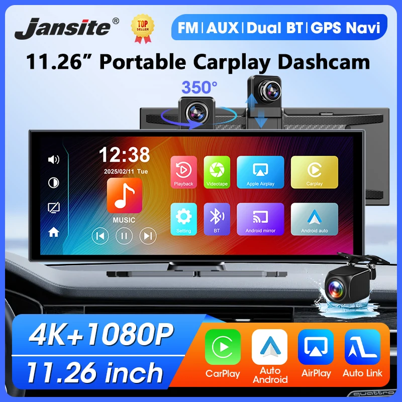 

Portable 11.26" Car Monitor 4K Dash Cam Wireless Carplay Android Auto Video Recorder Dashboard Car DVR BT FM AUX GPS Navigation