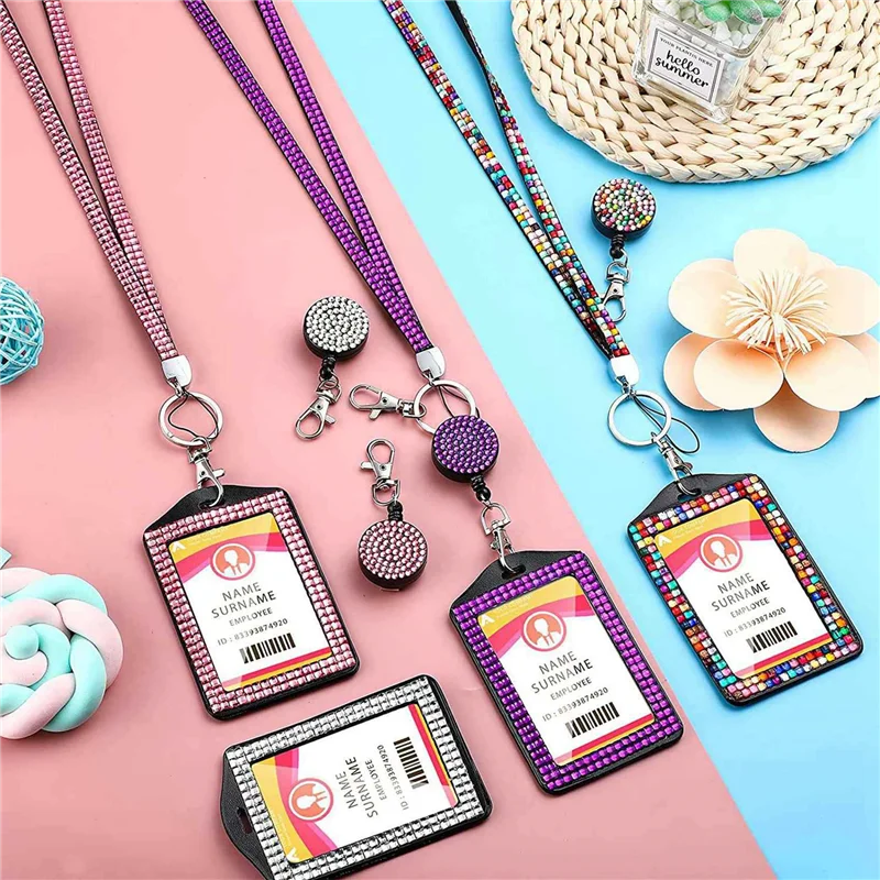 12 Sets Rhinestone Lanyard ID Card Holder Crystal Retractable Badge Reel Rhinestone Neck Lanyard Card Holder