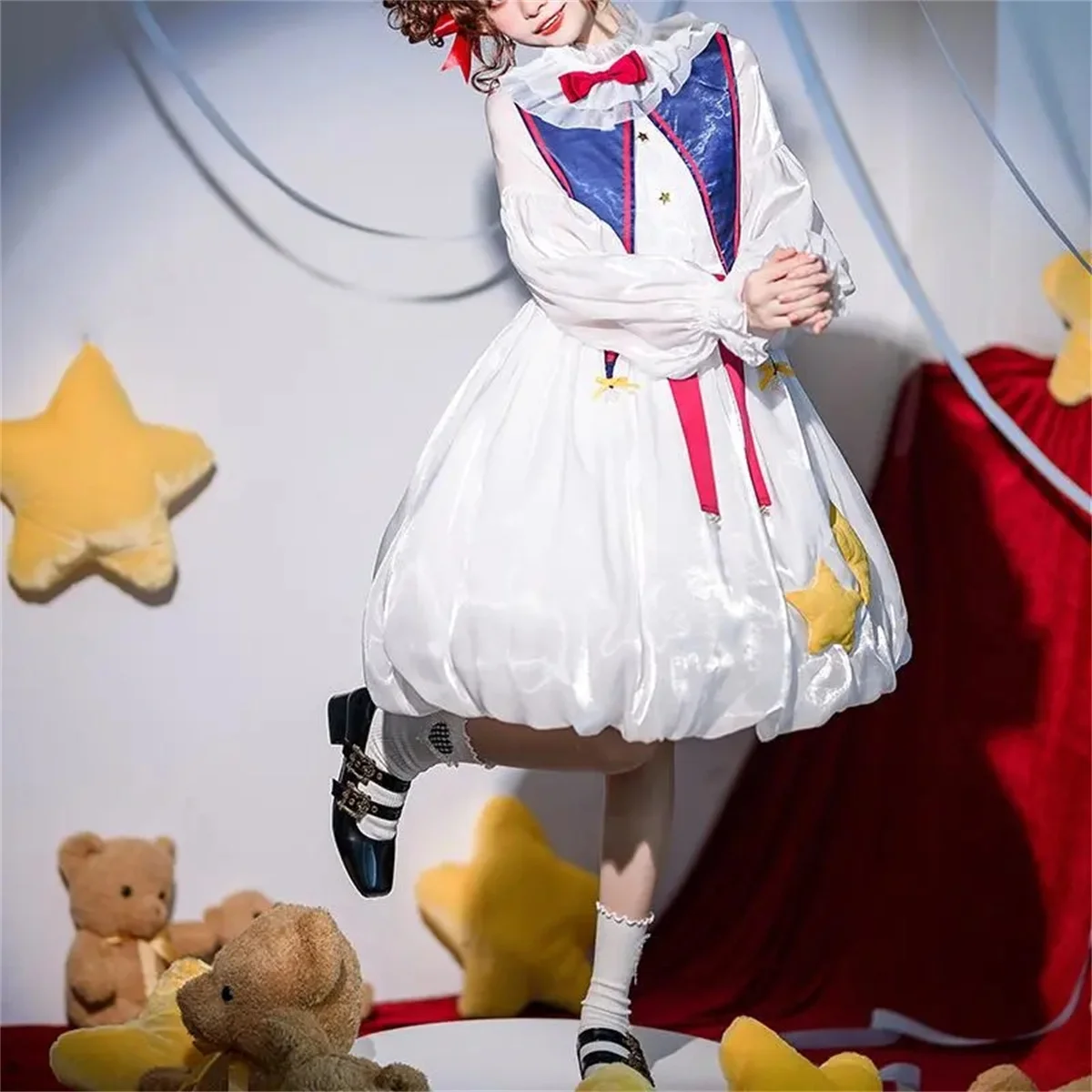 Japanese Style Lolita Cosplay Fantasy Fairy Tale Sweet Girl Mesh Star Bow Doll Collar Puff Sleeves Button Belt Flower Dress