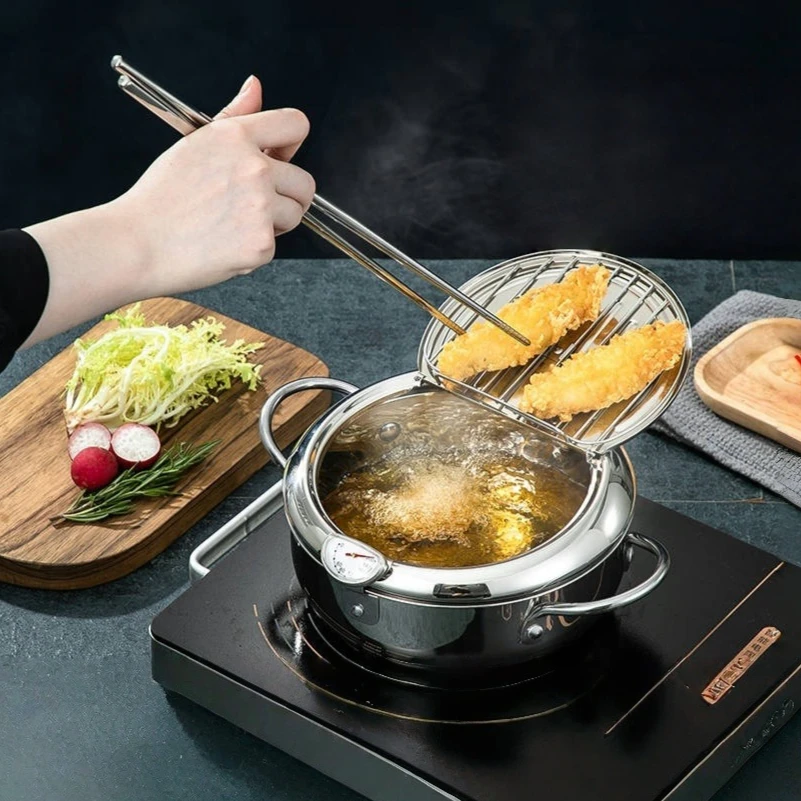 

Kitchen Supplies Stainless Steel Frying Pan with Lid Thermometer Tempura Frying Pan Household with Filter Oil Pan Frying Pan