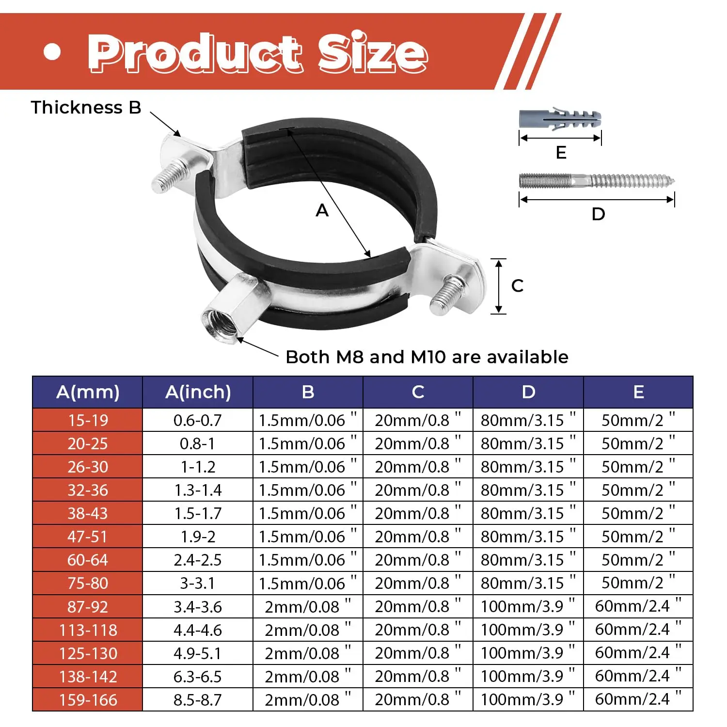 6Pcs Pipe Bracket Clamp Adjustable Metal Clamps with Screw & Expansion Tube 15-166mm Split Ring Pipe Hanger Support Holder Clip