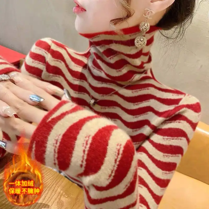 

Women's Autumn Winter Fashion High Neck Pullover Stripe Contrast Color Plush Casual Versatile Long Sleeve Slim Fit T-shirt Tops