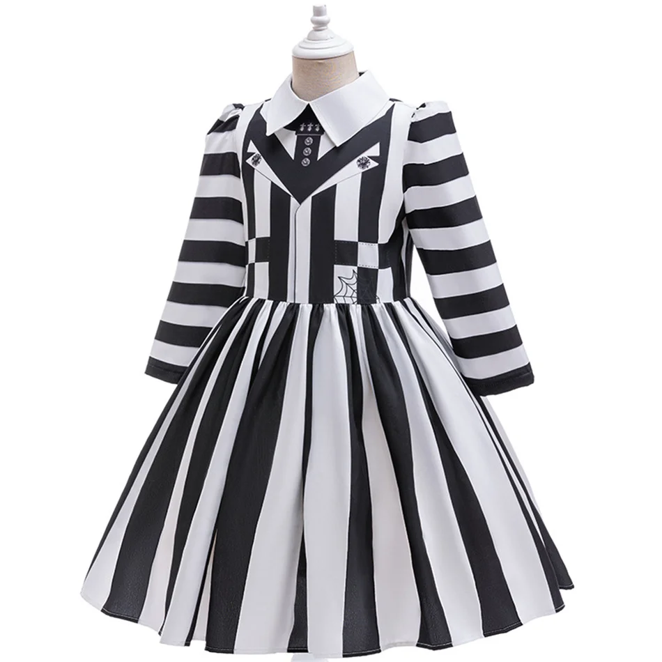 Halloween Beetle Juice Cosplay Black White Stripes Girls Princess Dress Kids Carnival Disguise Party Clothes Children Costume