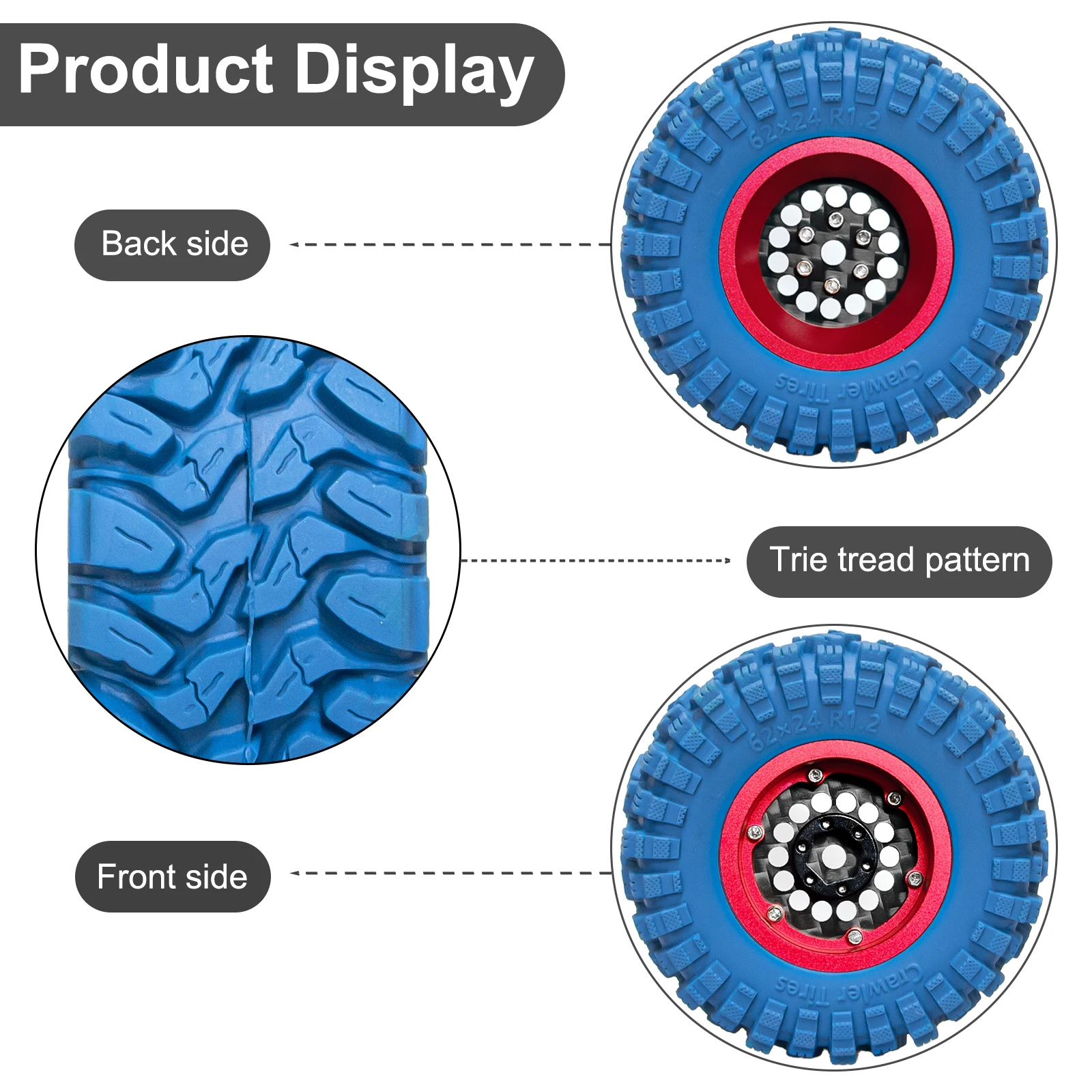 Obręcze kół z włókna węglowego OKHL 1.2 cala, kolorowe, z gumowymi, niebieskimi oponami do modeli RC Crawler 1/18 TRX4M, 1/24 FCX24, SCX24, zestaw do tuningu.
