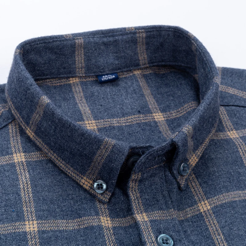 Men's Fashion Brushed Flannel Plaid Button-down Shirts Single Patch Pocket Long Sleeve Standard-fit Thick Gingham Casual Shirt