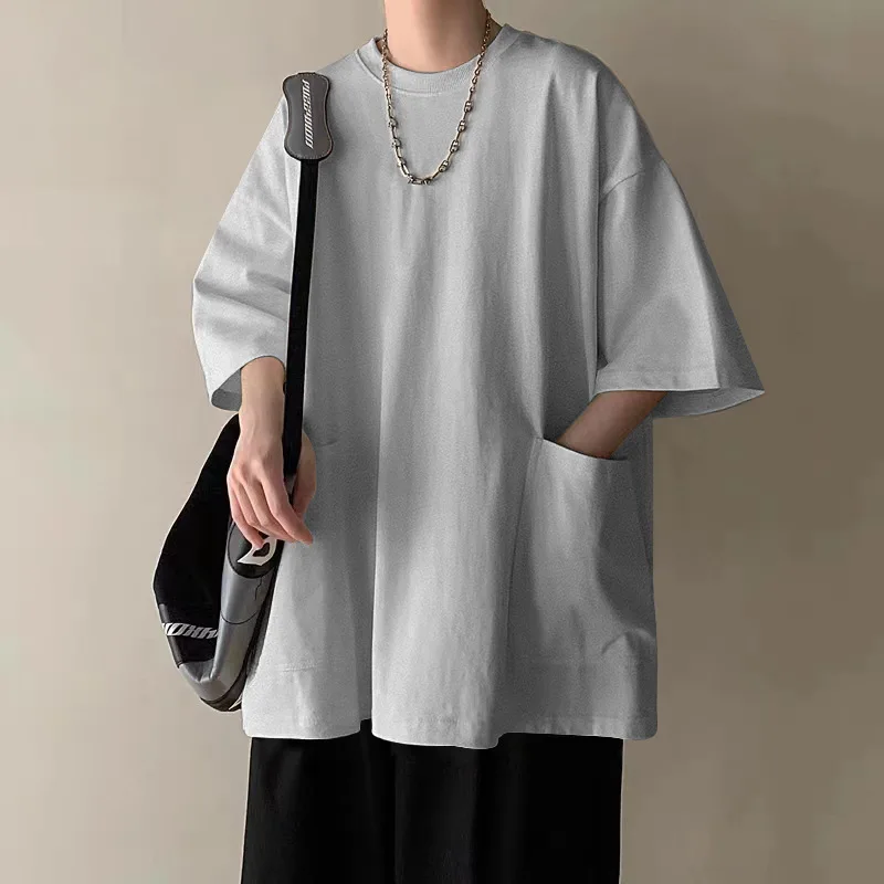 2025 Summer New Men Double Big Pocket Half Sleeves Tshirt Casual Loose Solid T-Shirt School Young Boys Daily Oversized Tee Shirt