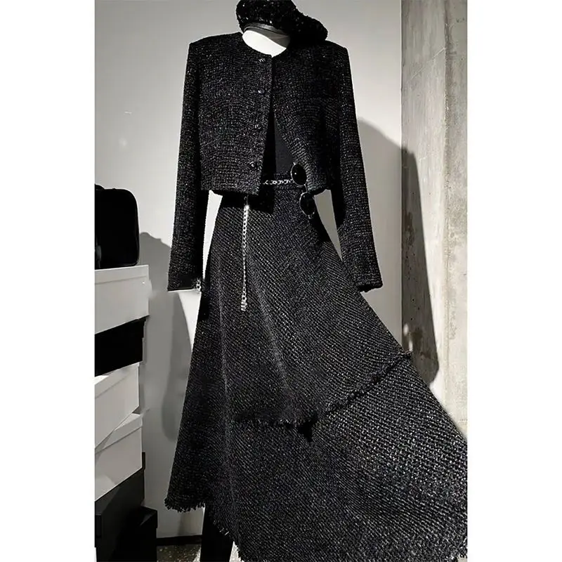 Elegant Women Clothing Tweed Style Long Sleeves Blazer Top + Long Skirt Suits Autumn 2025 New Fashion Two Piece Set Women's Wear