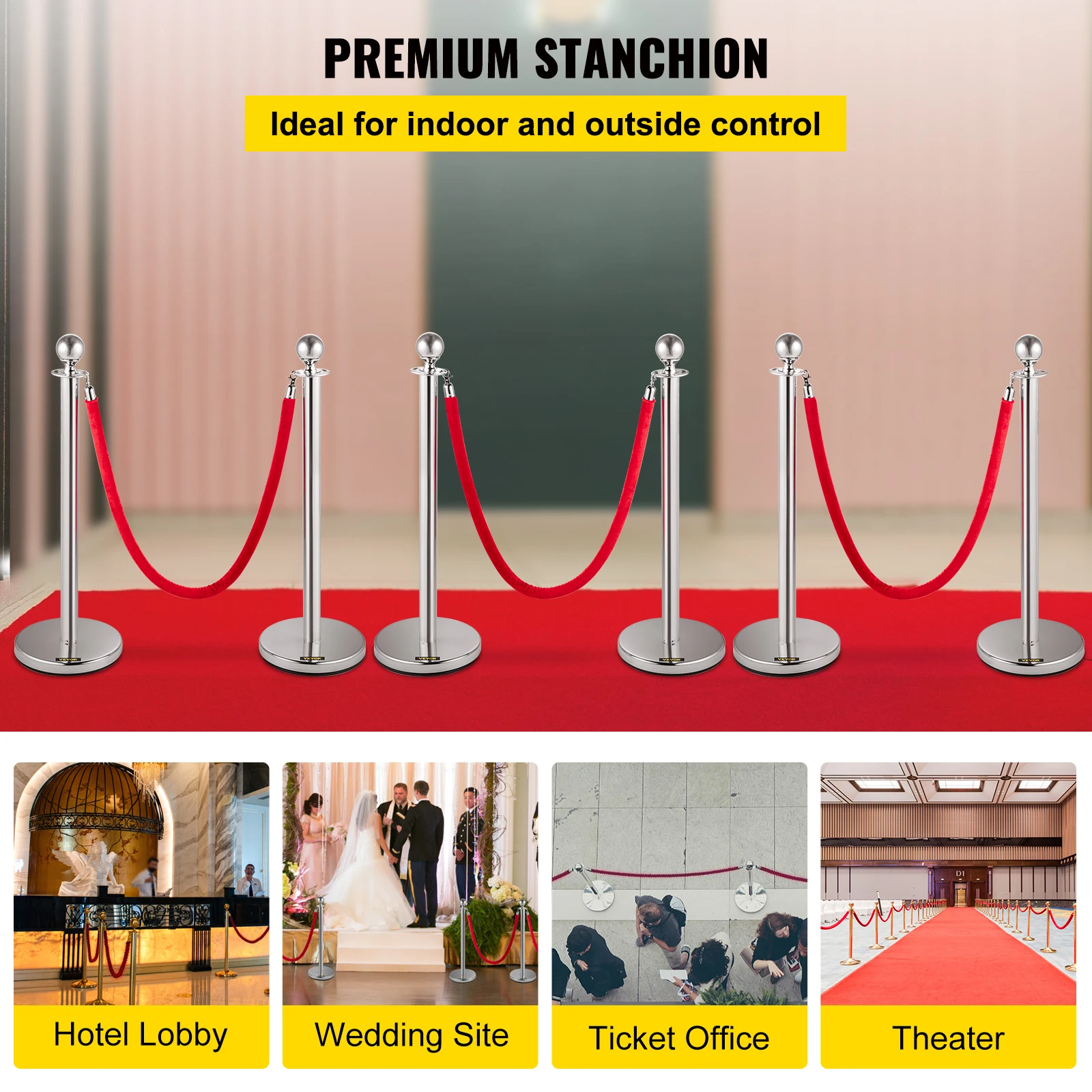 VEVOR Stanchion Post with Velvet Ropes 6-Pack Crowd Control Stanchion with 3PCS 5FT Red Velvet Ropes for Events Museums Parties