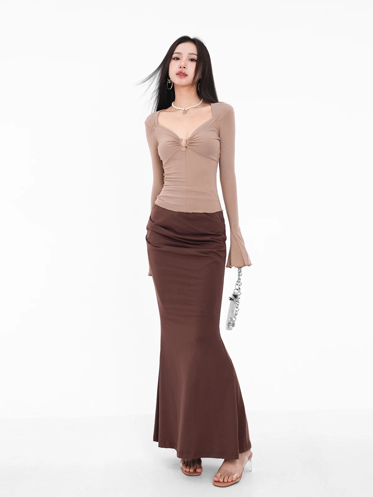 French Autumn/Winter New Maillard Slim Skinny High Waist Fishtail Exquisite Wrap Buttocks Half Length Skirt Solid Versatile C925