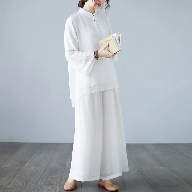 세련된 이중 레이어 롱 스커트와 A라인 와이드 레그 팬츠 세트, 신축성 있는 허리, 스탠드 칼라, 버튼업, 단색...