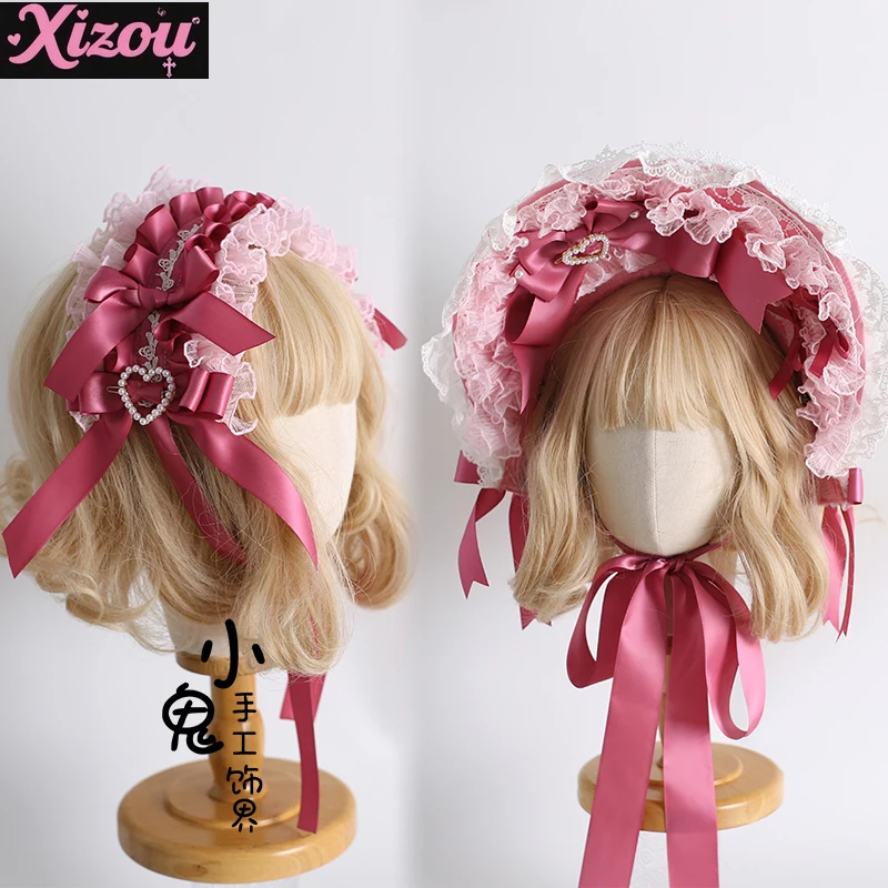Japanse Lolita Shuanggong Zijde Versie Fluwelen Taart Prachtige Pop Gevoel Ponet Rose Roze Bnt Hoge Hoed Kant Hoofdband voor Vrouw