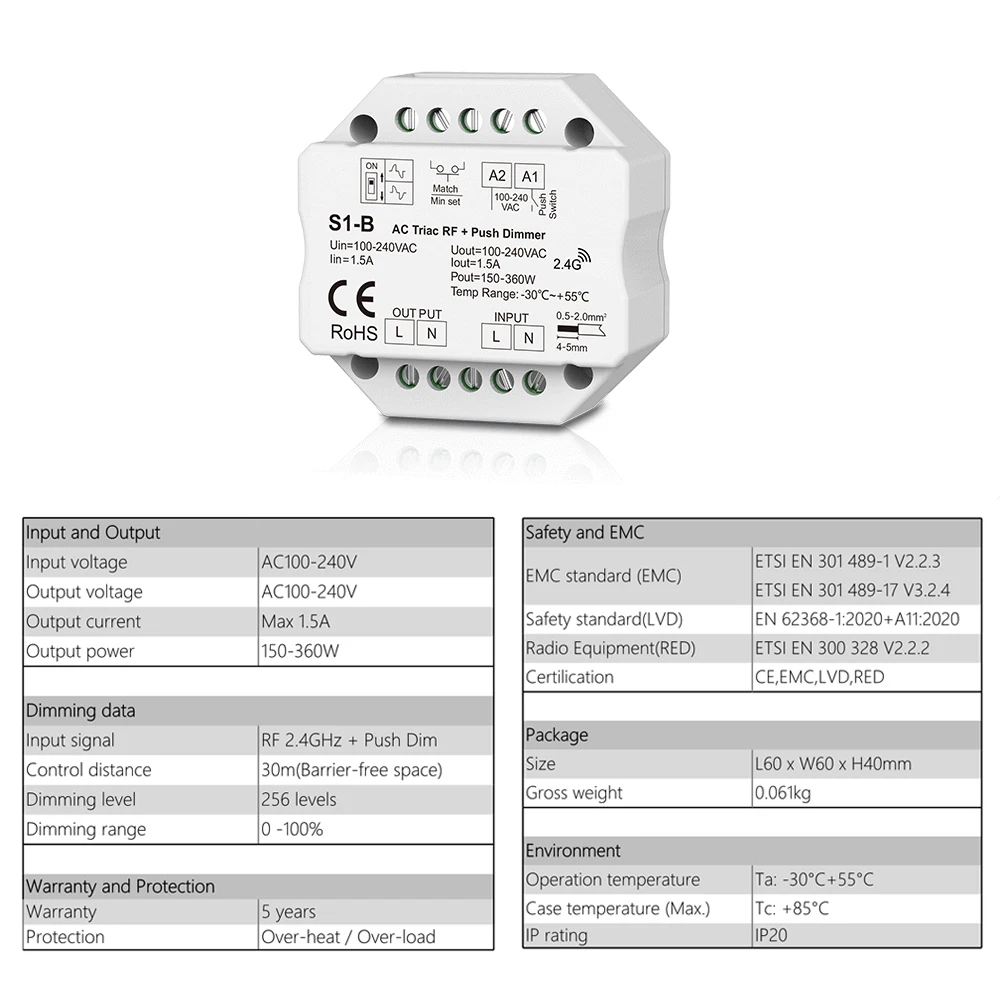 2.4G Wireless AC Triac LED Dimmer Controller 110V 220V 230V Push Switch RF Round Dimming Remote Control for Single Color Lamp