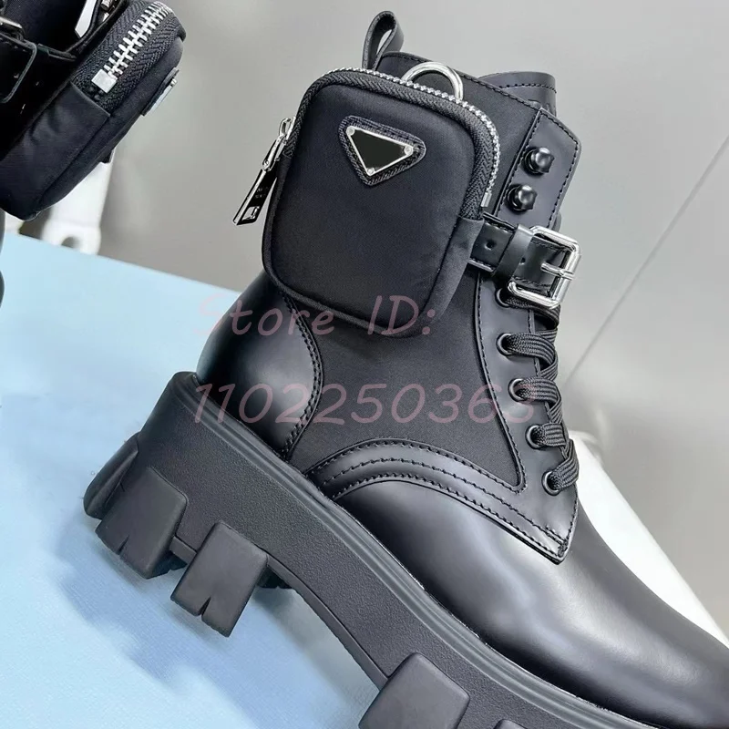 Thick Pocket Boots Round Toe Leather Punk Black Flat Solid Fashion Women Shoes Luxury Height Increasing 2024 Hot New Arrival